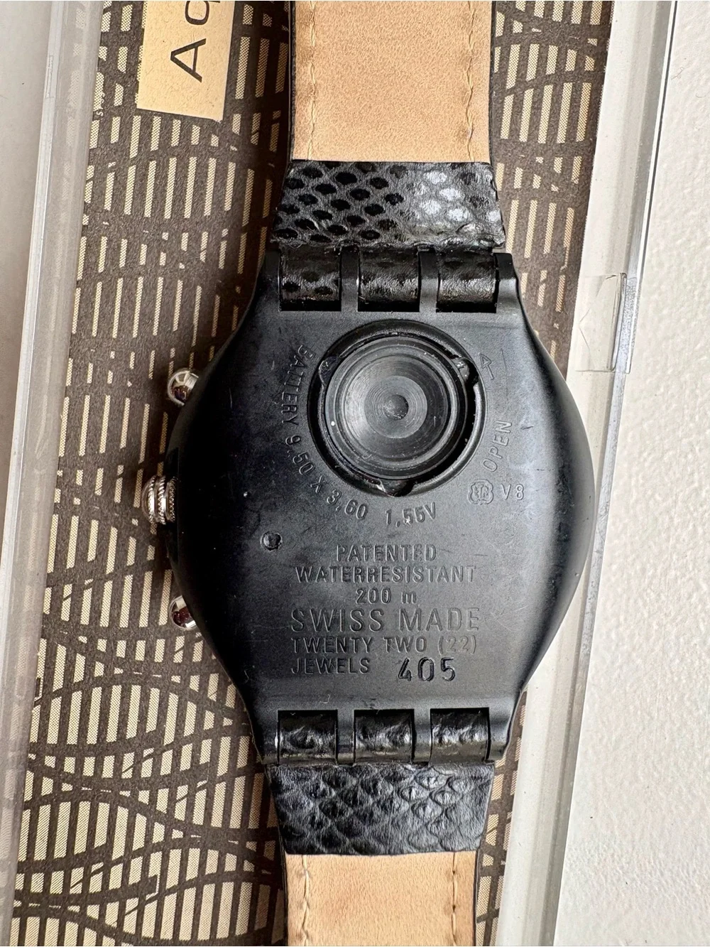 Swatch Iridescent Dial Chronograph with Black Leather Strap
